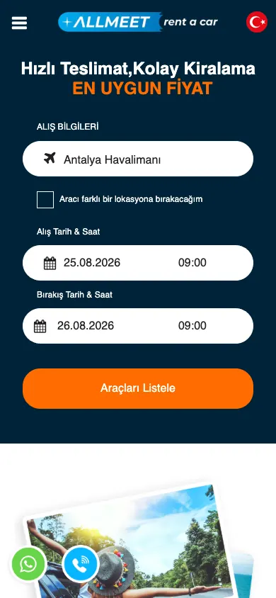 Allmeet Rent A Car web sitesi mobil görünümü