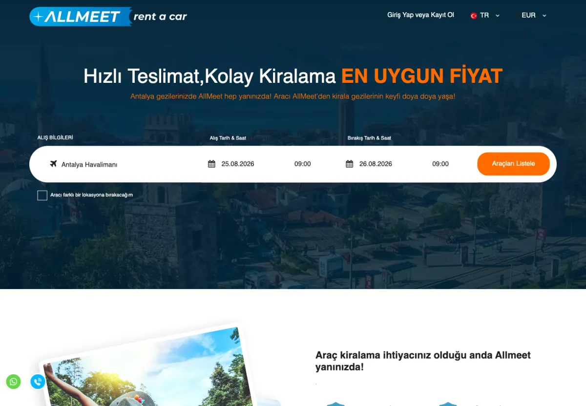 Allmeet Rent A Car web sitesi masaüstü görünümü