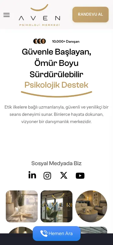 Aven Psikoloji web sitesi mobil görünümü