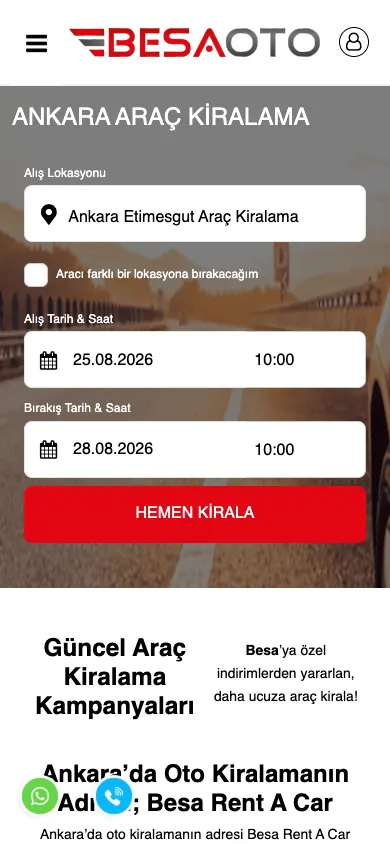 Besa Rent A Car web sitesi mobil görünümü