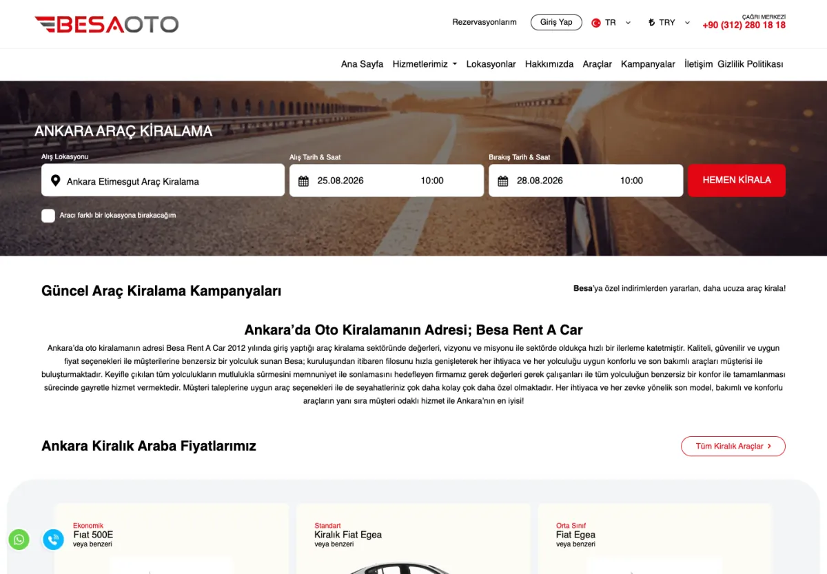 Besa Rent A Car web sitesi masaüstü görünümü