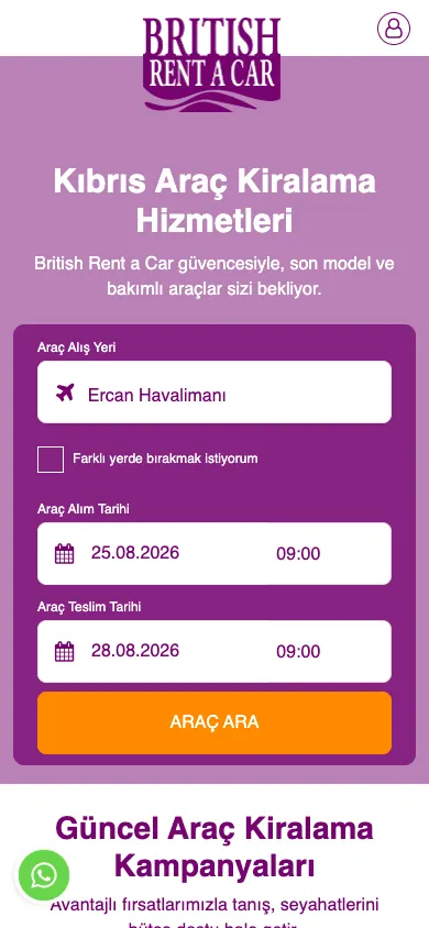 British Rent A Car web sitesi mobil görünümü