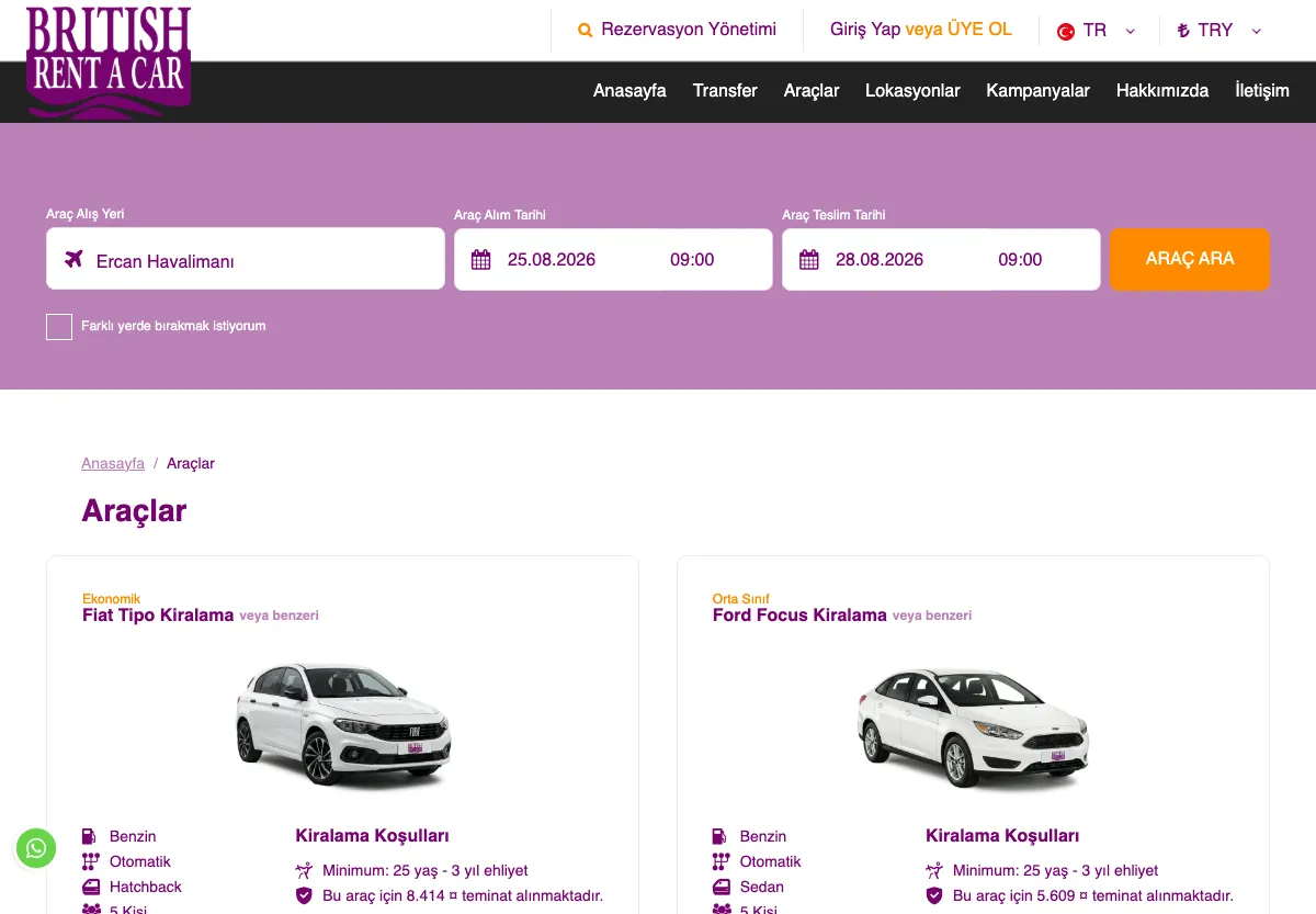 British Rent A Car web sitesi masaüstü görünümü