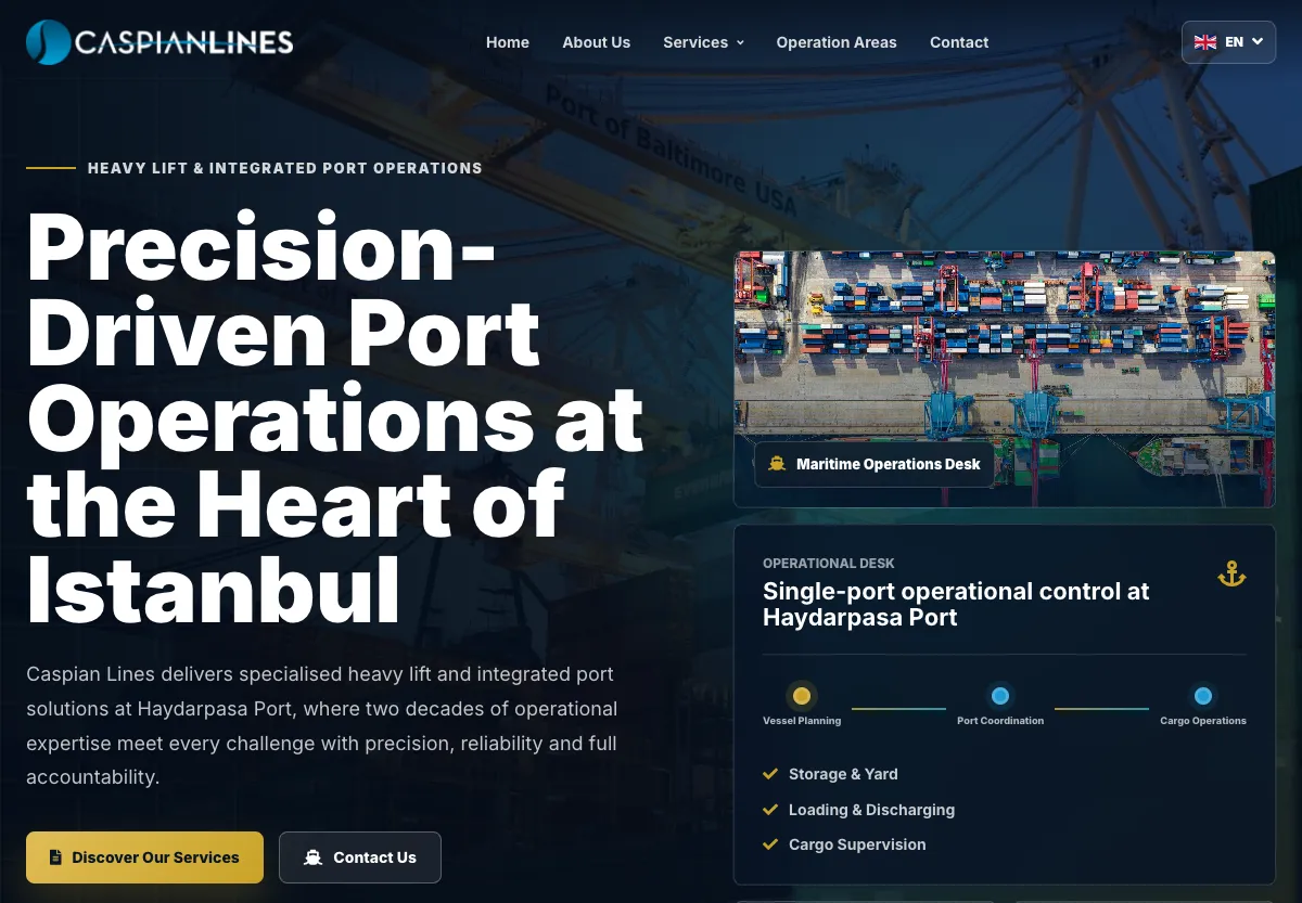 Caspian Lines web sitesi masaüstü görünümü