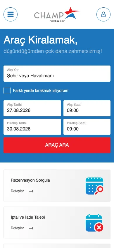 Champ Rent A Car web sitesi mobil görünümü