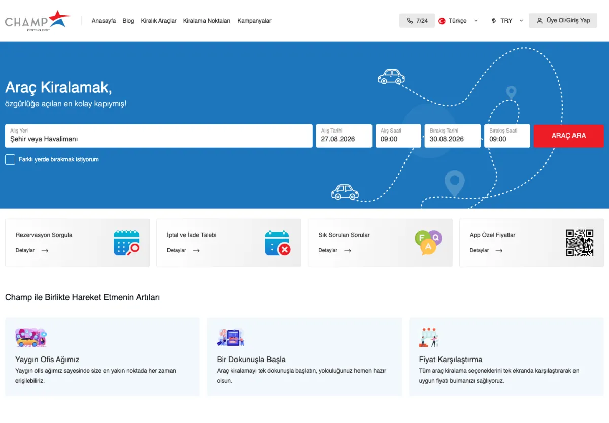 Champ Rent A Car web sitesi masaüstü görünümü