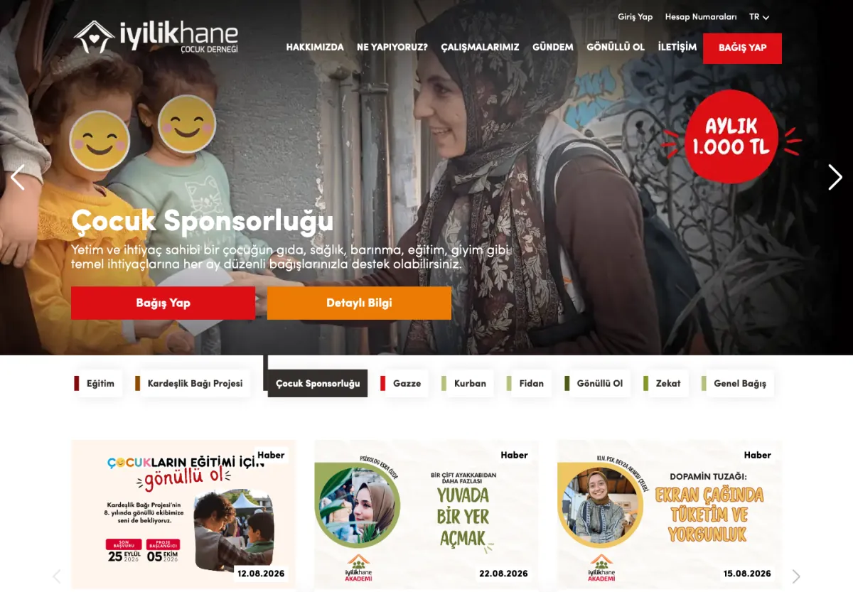 İyilikhane web sitesi masaüstü görünümü