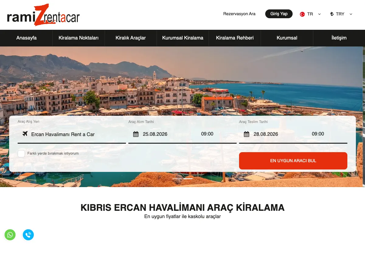 Kıbrıs Ramiz Rent A Car web sitesi masaüstü görünümü