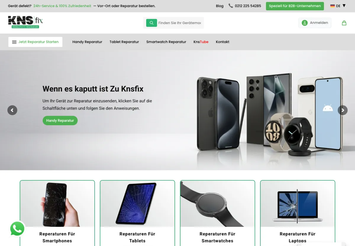 KNSFix web sitesi masaüstü görünümü