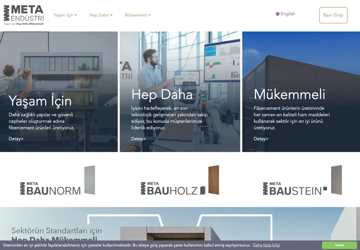 Meta Endüstri web sitesi masaüstü görünümü