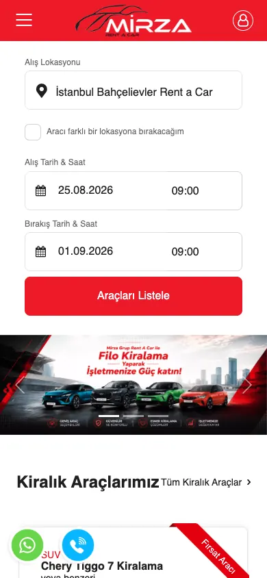 Mirza Rent A Car web sitesi mobil görünümü
