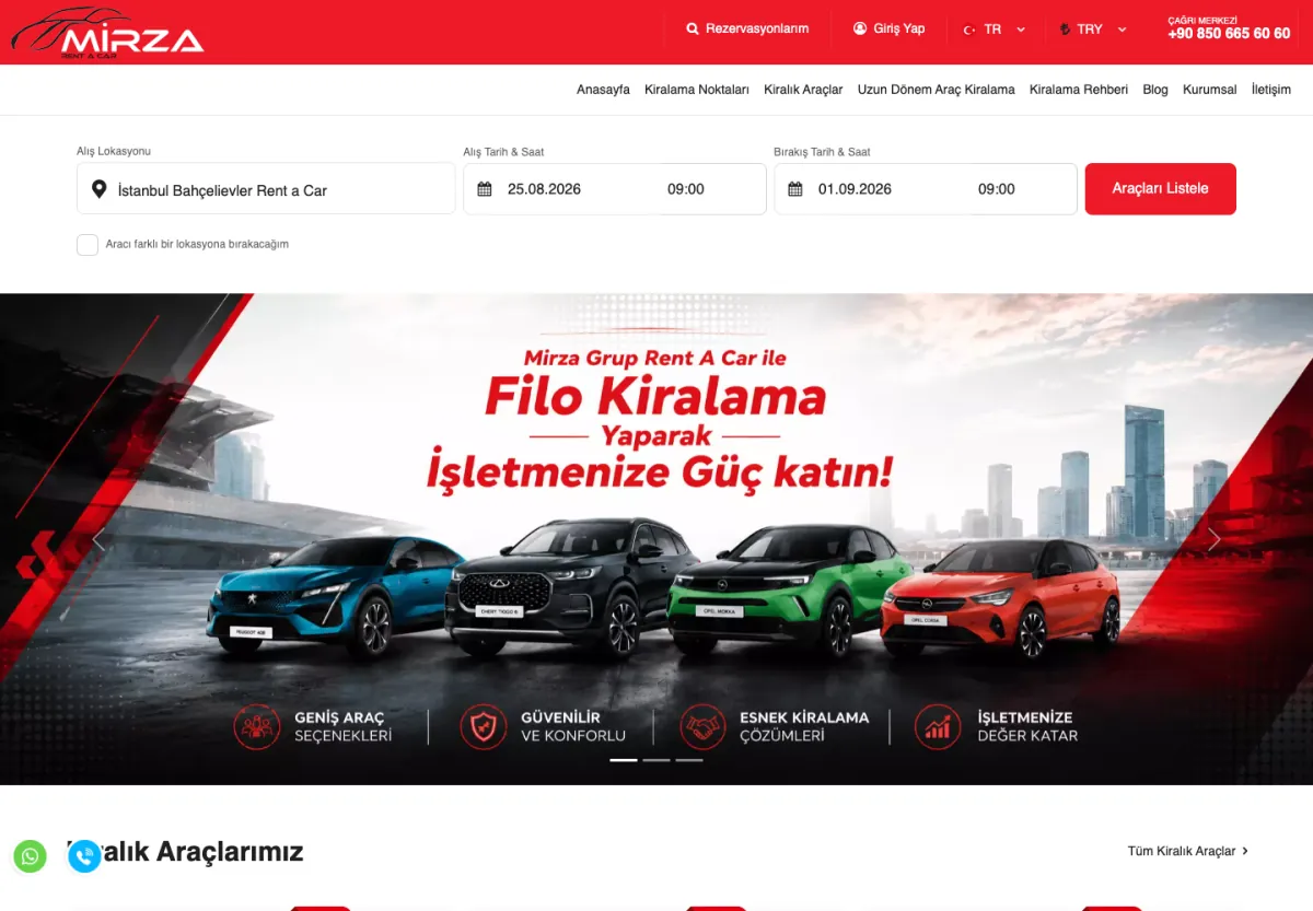 Mirza Rent A Car web sitesi masaüstü görünümü
