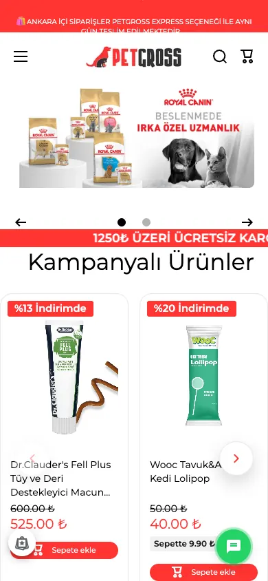Petgross web sitesi mobil görünümü