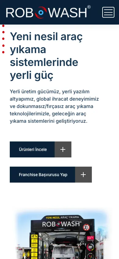 Robowash web sitesi mobil görünümü