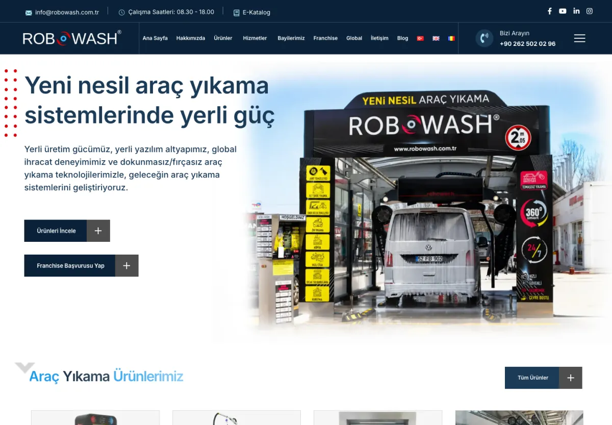 Robowash web sitesi masaüstü görünümü