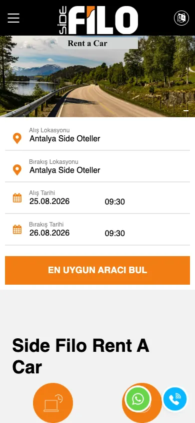 Side Filo Rent A Car web sitesi mobil görünümü