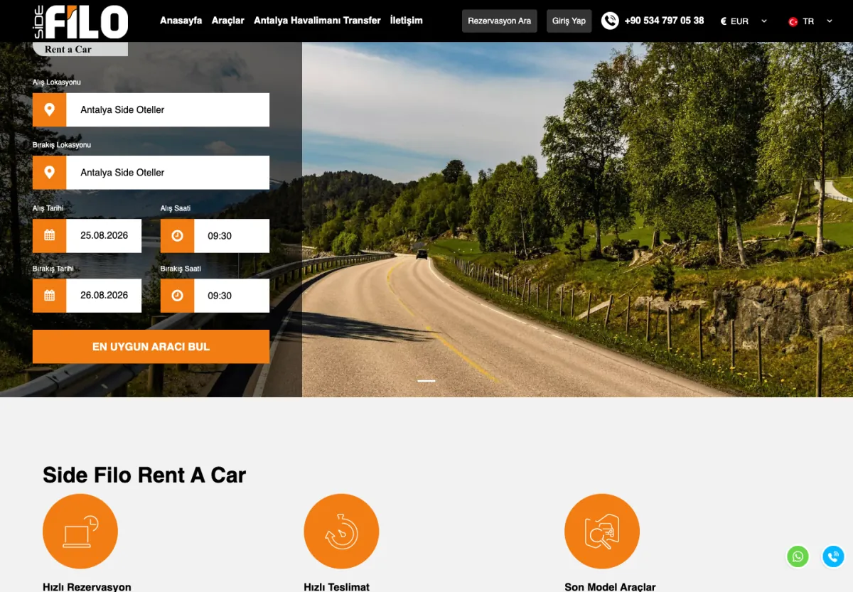 Side Filo Rent A Car web sitesi masaüstü görünümü