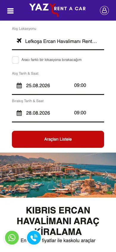 Yazy Rent A Car web sitesi mobil görünümü
