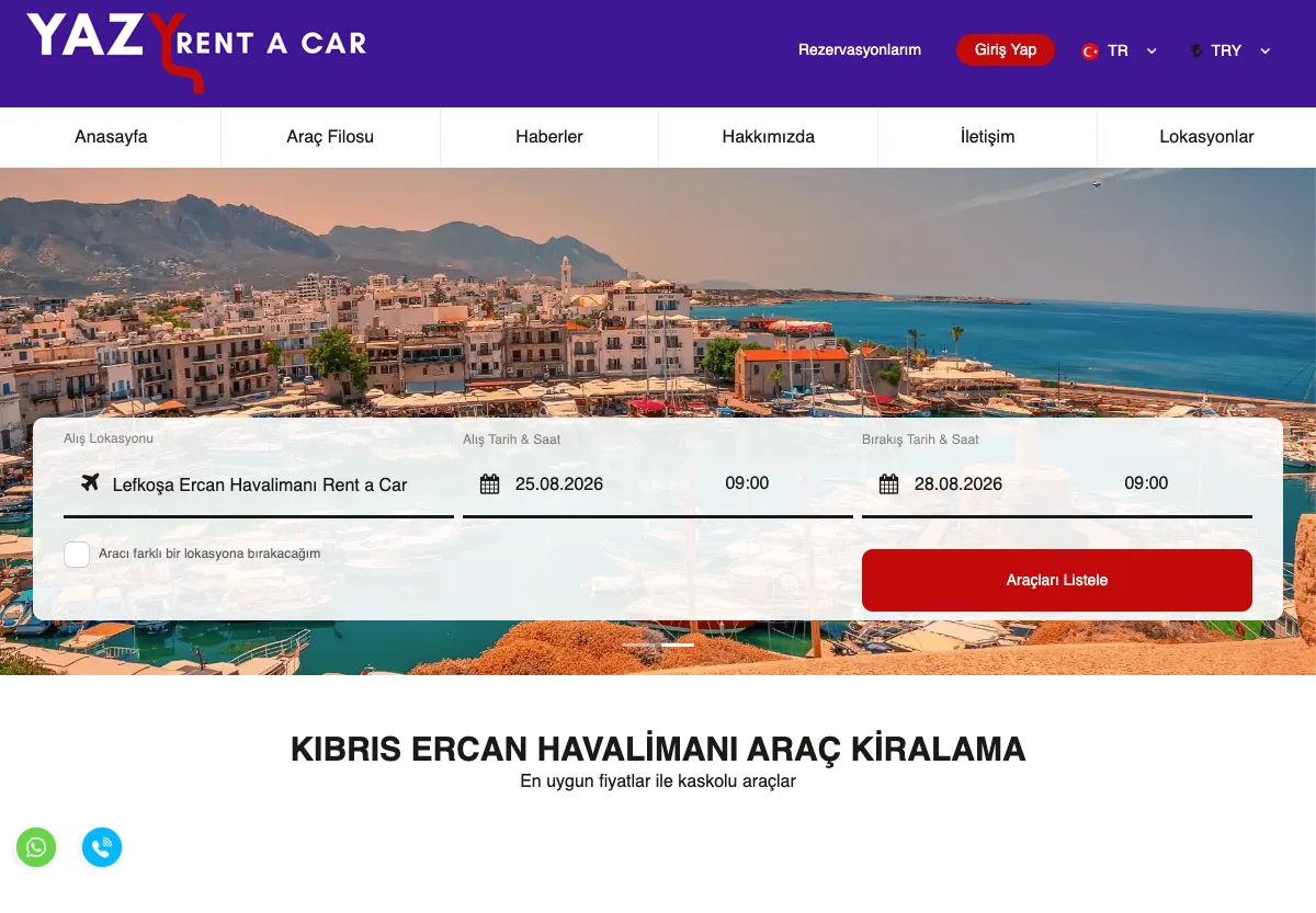 Yazy Rent A Car web sitesi masaüstü görünümü