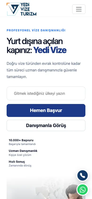 Yedi Vize web sitesi mobil görünümü