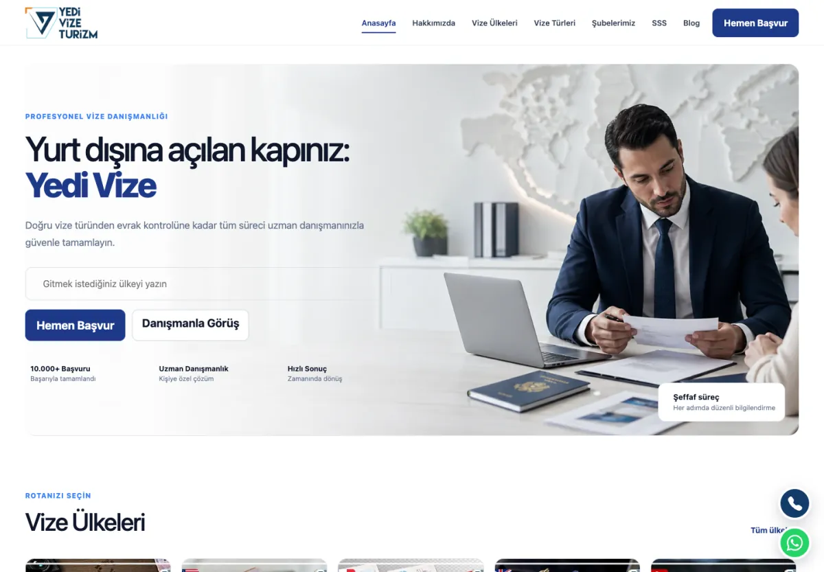 Yedi Vize web sitesi masaüstü görünümü